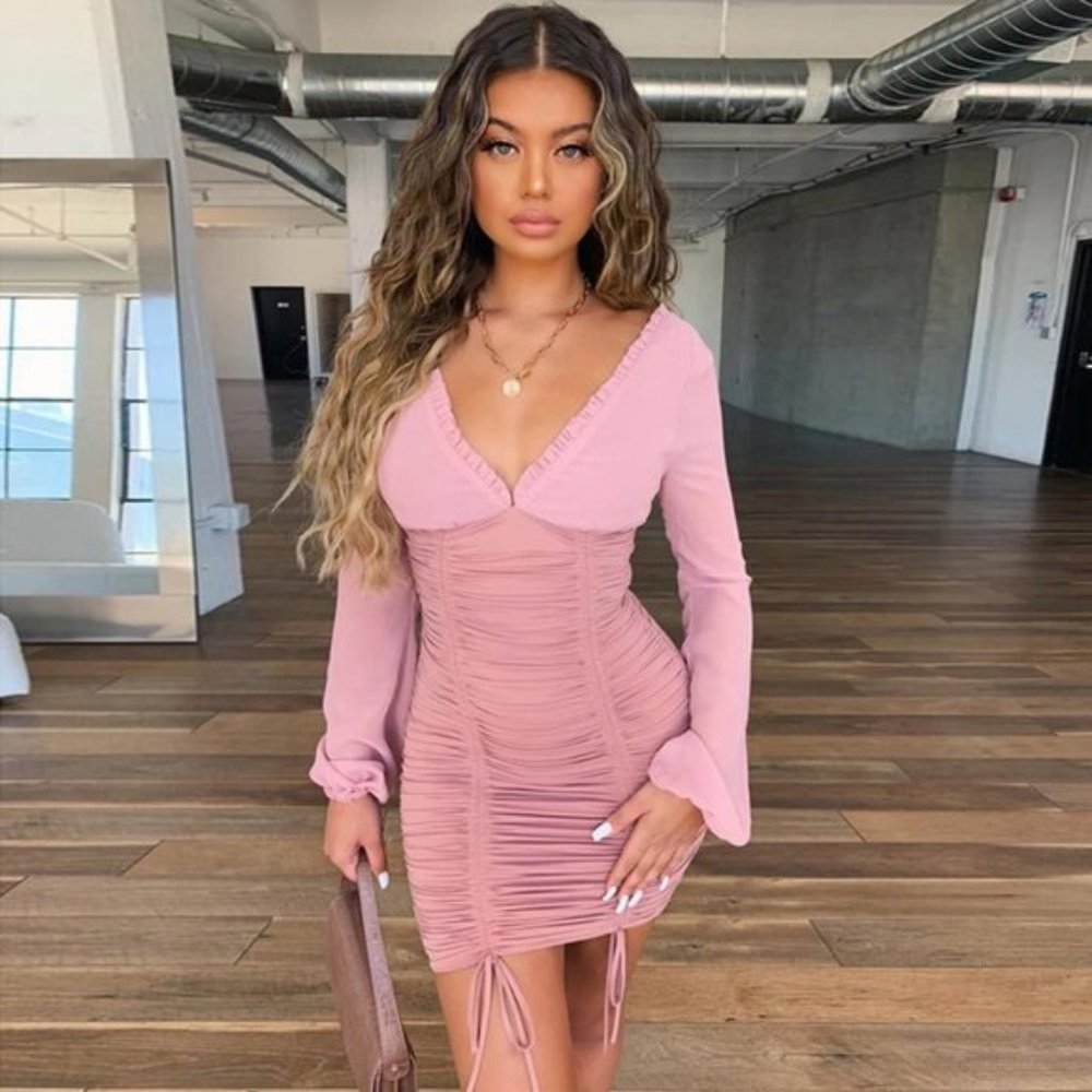 V Neck Long Sleeve Drawstring Bodycon Mini Dress